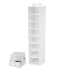 Contain your closet. Sort out disarray and create even more drawer space by simply attaching this durable hanging shelf to your closet rod. Eight slots present perfect space for folded garments and accessories, while the included drawers with handy pull-out handles slide right in for a great storage for socks, underwear and more! Limited lifetime warranty. Contain your closet. Sort out disarray and create even more drawer space by simply attaching this durable hanging shelf to your closet rod. Eight slots present perfect space for folded garments and accessories, while the included drawers with handy pull-out handles slide right in for a great storage for socks, underwear and more! Limited lifetime warranty.