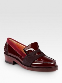 Sartorially significant patent leather design with plush calf hair and suede accents. Stacked heel, 1½ (40mm)Stacked platform, ½ (15mm)Compares to a 1 heel (25mm)Patent leather and calf hair upper with suede trimLeather lining and solePadded insoleMade in Italy Sartorially significant patent leather design with plush calf hair and suede accents. Stacked heel, 1½ (40mm)Stacked platform, ½ (15mm)Compares to a 1 heel (25mm)Patent leather and calf hair upper with suede trimLeather lining and solePadded insoleMade in Italy
