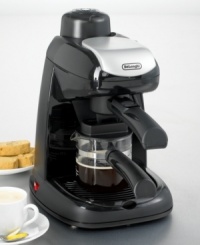 Wake up to a frothy, flavorful espresso or a superior, steaming cup of cappuccino with this excellent espresso maker. It contains every essential feature to make great espresso drinks. Includes a swivel jet frother that produces a thick, luscious milk froth that creates cappuccinos and lattes with an authentic Italian flavor. The two-cup adapter allows you to make two drinks at once. The 8.5-ounce heat-resistant glass carafe is durable and can withstand heat for optimum safety. Large removable drip tray for easy clean up. Model #EC5. One year limited warranty. Wake up to a frothy, flavorful espresso or a superior, steaming cup of cappuccino with this excellent espresso maker. It contains every essential feature to make great espresso drinks. Includes a swivel jet frother that produces a thick, luscious milk froth that creates cappuccinos and lattes with an authentic Italian flavor. The two-cup adapter allows you to make two drinks at once. The 8.5-ounce heat-resistant glass carafe is durable and can withstand heat for optimum safety. Large removable drip tray for easy clean up. Model #EC5. One year limited warranty.