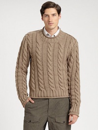 A dignified design in classic cable knit with casual rolled and ribbed elements. Roll crewneck Long roll cuff sleevesRoll hem 40% viscose/25% virgin wool/25% polyamide/5% angora/5% cashmere Dry clean Made in Italy of imported fabric A dignified design in classic cable knit with casual rolled and ribbed elements. Roll crewneck Long roll cuff sleevesRoll hem 40% viscose/25% virgin wool/25% polyamide/5% angora/5% cashmere Dry clean Made in Italy of imported fabric