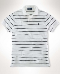 A classic-fitting short-sleeved polo shirt is crafted from breathable cotton mesh with a sleek striped pattern for casual polish. A classic-fitting short-sleeved polo shirt is crafted from breathable cotton mesh with a sleek striped pattern for casual polish.
