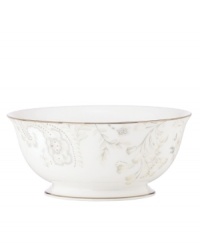 Crafted of exquisite bone china with high-fashion florals and shimmering platinum and mica accents, the Paisley Bloom serving bowl from Marchesa by Lenox turns heads at any formal table. Crafted of exquisite bone china with high-fashion florals and shimmering platinum and mica accents, the Paisley Bloom serving bowl from Marchesa by Lenox turns heads at any formal table.