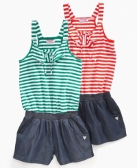 Set her sights on the shoreline. She can combine the stylish look of chambray and an overall seafaring look with this striped romper from Guess. Set her sights on the shoreline. She can combine the stylish look of chambray and an overall seafaring look with this striped romper from Guess.
