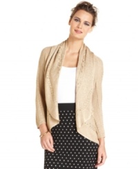 In a metallic-knit fabric, this Alfani sweater adds stylish shine to your fall look -- an on-trend layering piece! In a metallic-knit fabric, this Alfani sweater adds stylish shine to your fall look -- an on-trend layering piece!