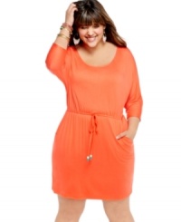 Look simply cute in Soprano's three-quarter sleeve plus size dress, cinched by drawstring waist. Look simply cute in Soprano's three-quarter sleeve plus size dress, cinched by drawstring waist.
