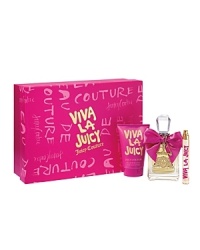 Viva la Juicy makes the holidays sparkle. This set includes a 3.4 fl. oz. Eau de Parfum Spray, 4.2 oz. Viva la Body Lotion, and .33 fl. oz. Eau de Parfum Travel Spray. Viva la Juicy makes the holidays sparkle. This set includes a 3.4 fl. oz. Eau de Parfum Spray, 4.2 oz. Viva la Body Lotion, and .33 fl. oz. Eau de Parfum Travel Spray.