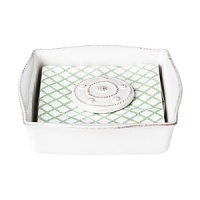 Maintain a clean and composed bar with this cocktail napkin set, including a base and charming medallion to weigh the napkins down.