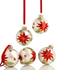Make your holiday flourish with elegant Martha Stewart Collection Christmas ornaments. Matte white glass painted with shiny poinsettia and holly fills the tree with timeless grace. Make your holiday flourish with elegant Martha Stewart Collection Christmas ornaments. Matte white glass painted with shiny poinsettia and holly fills the tree with timeless grace.