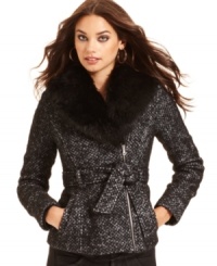 With a chic faux-fur collar, this wool-blend GUESS tweed jacket is your cold-weather go-to that doesn't sacrifice style! With a chic faux-fur collar, this wool-blend GUESS tweed jacket is your cold-weather go-to that doesn't sacrifice style!