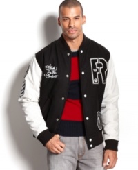 You'll be the captain of preppy in this sporty stylish Rocawear varsity jacket. You'll be the captain of preppy in this sporty stylish Rocawear varsity jacket.