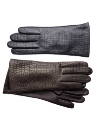 Croc embossing lends exotic textural embellishment to Charter Club's classic leather gloves. Fully lined for warmth. Croc embossing lends exotic textural embellishment to Charter Club's classic leather gloves. Fully lined for warmth.