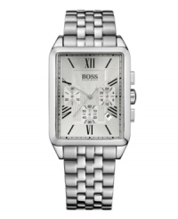 A timeless watch, a classic mark of style. Hugo Boss watch crafted of stainless steel bracelet and rectangular case. Silver tone sunray chronograph dial features black Roman numerals, minute track, date window, three subdials, three hands and logo. Quartz movement. Water resistant to 30 meters. Two-year limited warranty. A timeless watch, a classic mark of style. Hugo Boss watch crafted of stainless steel bracelet and rectangular case. Silver tone sunray chronograph dial features black Roman numerals, minute track, date window, three subdials, three hands and logo. Quartz movement. Water resistant to 30 meters. Two-year limited warranty.
