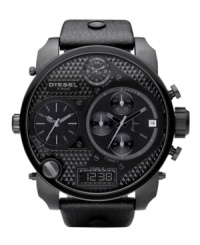 Dark-as-night, industrial-strength style, by Diesel. Watch crafted from black leather strap and round black ion-plated stainless steel case, 65x75mm. Knurled black chronograph dial features applied index, multiple subdials, negative display digital subdial at six o'clock, date window at four o'clock, lugs and logo. Quartz movement. Water resistant to 50 meters. Two-year limited warranty. Dark-as-night, industrial-strength style, by Diesel. Watch crafted from black leather strap and round black ion-plated stainless steel case, 65x75mm. Knurled black chronograph dial features applied index, multiple subdials, negative display digital subdial at six o'clock, date window at four o'clock, lugs and logo. Quartz movement. Water resistant to 50 meters. Two-year limited warranty.