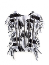 THE LOOKAllover abstract print with rhinestone stripe detailing in frontFringe trim along sidesPullover styleTHE MATERIALBody: 97% polyester/3% spandexSecond fabric: polyesterCARE & ORIGINMachine washMade in USA THE LOOKAllover abstract print with rhinestone stripe detailing in frontFringe trim along sidesPullover styleTHE MATERIALBody: 97% polyester/3% spandexSecond fabric: polyesterCARE & ORIGINMachine washMade in USA