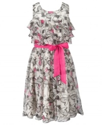 Great style is in the details. She'll adore this heart printed ruffle dress by DKNY, made even more complete with a pink sash and glimmering sequins. Great style is in the details. She'll adore this heart printed ruffle dress by DKNY, made even more complete with a pink sash and glimmering sequins.