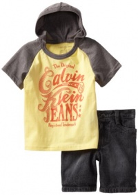 Calvin Klein Boys 2-7 Short Sleeve 2 Piece Hooded Tee With Denim Short, Yellow, 4T Calvin Klein Boys 2-7 Short Sleeve 2 Piece Hooded Tee With Denim Short, Yellow, 4T