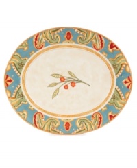 A fresh twist on a familiar pattern, the Carissa Paisley platter by Fitz and Floyd mixes colorful paisleys with sculpted rope in durable stoneware. A fresh twist on a familiar pattern, the Carissa Paisley platter by Fitz and Floyd mixes colorful paisleys with sculpted rope in durable stoneware.