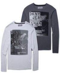 Throwback to the 80's with this cool DKNY Jeans graphic print long sleeve tee. Throwback to the 80's with this cool DKNY Jeans graphic print long sleeve tee.