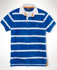 Tailored for a comfortable, classic fit, a short-sleeved cotton mesh rugby features sleek stripes and diamond-quilted stitching at the shoulders for a sporty finish. Tailored for a comfortable, classic fit, a short-sleeved cotton mesh rugby features sleek stripes and diamond-quilted stitching at the shoulders for a sporty finish.