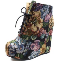 Vintage Berkeley-05 Black Floral Laced Up Wedge Heel Ankle Boots Vintage Berkeley-05 Black Floral Laced Up Wedge Heel Ankle Boots