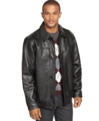 Paired with your favorite jeans, this classic leather car coat from Perry Ellis gives you instant polished style. Paired with your favorite jeans, this classic leather car coat from Perry Ellis gives you instant polished style.