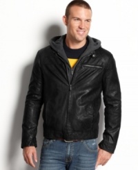 Edge and urban seamlessly meet in this sleek Kenneth Cole Reaction faux-leather bomber jacket for style that makes a statement without saying a word. Edge and urban seamlessly meet in this sleek Kenneth Cole Reaction faux-leather bomber jacket for style that makes a statement without saying a word.