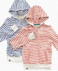 He can hit the beach or relax with his crew in one of these comfortable striped hooded henleys from Epic Threads.