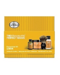 The 4 Elements of The Perfect Shave® combine The Art of Shaving's aromatherapy based products, handcrafted accessories and expert shaving technique to guarantee optimal shaving results while relieving and preventing ingrown hairs, razor burn, tough beard and sensitive skin. The Full Size Kit offers Pre-Shave Oil (2 fl. oz), Shaving Cream (3 oz), After Shave Balm (4 fl. oz), and a Pure Badger Shaving Brush. Lemon Essential Oil - Normal to Oily Skin The 4 Elements of The Perfect Shave® combine The Art of Shaving's aromatherapy based products, handcrafted accessories and expert shaving technique to guarantee optimal shaving results while relieving and preventing ingrown hairs, razor burn, tough beard and sensitive skin. The Full Size Kit offers Pre-Shave Oil (2 fl. oz), Shaving Cream (3 oz), After Shave Balm (4 fl. oz), and a Pure Badger Shaving Brush. Lemon Essential Oil - Normal to Oily Skin