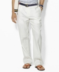 Defined by a relaxed straight leg and sleek vertical stripes, this comfortable cotton-blend pant exudes relaxed refinement. Defined by a relaxed straight leg and sleek vertical stripes, this comfortable cotton-blend pant exudes relaxed refinement.