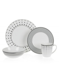Hits the spot. Featuring an array of punchy-fun graphics in durable bone china, Mikasa Cheers dinnerware sets modern tables with a sense of whimsy. Place settings coordinate with the equally irresistible stemware and barware collections. (Clearance) Hits the spot. Featuring an array of punchy-fun graphics in durable bone china, Mikasa Cheers dinnerware sets modern tables with a sense of whimsy. Place settings coordinate with the equally irresistible stemware and barware collections. (Clearance)