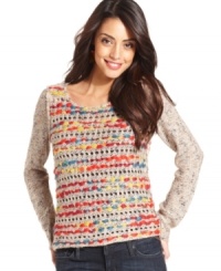 Colorful woven yarn adds a bright splash of color to this Kensie sweater -- perfect for crafty-chic style! Colorful woven yarn adds a bright splash of color to this Kensie sweater -- perfect for crafty-chic style!