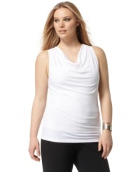 Highlighted by a draped neckline, Calvin Klein's sleeveless plus size top is an ideal layering piece for jackets and cardigans this season. (Clearance) Highlighted by a draped neckline, Calvin Klein's sleeveless plus size top is an ideal layering piece for jackets and cardigans this season. (Clearance)