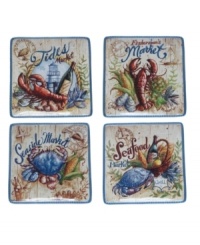 Fresh catch. See your food in a nautical setting with the vivid illustrations and rustic pier motif of Seafood Market dinner plates. Sculpted blue rope adds to their oceanside charm. From Certified International. Fresh catch. See your food in a nautical setting with the vivid illustrations and rustic pier motif of Seafood Market dinner plates. Sculpted blue rope adds to their oceanside charm. From Certified International.