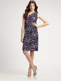 An abstract print lends modern lines to this chic one-shoulder silhouette, finished with a hint of silk.One shoulder strap, knotted Asymmetrical neckline Blouson bodice Elastic waist Paneled seams Side zipper About 24 from natural waist 50% silk/50% polyester Dry clean Made in USA An abstract print lends modern lines to this chic one-shoulder silhouette, finished with a hint of silk.One shoulder strap, knotted Asymmetrical neckline Blouson bodice Elastic waist Paneled seams Side zipper About 24 from natural waist 50% silk/50% polyester Dry clean Made in USA