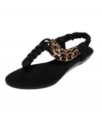 Hard and soft. Sassy and sweet. Metal chain detailing wraps around the fabric straps of the cutting-edge Kinkkii flat sandals by Betsey Johnson. A braided vamp adds a dose of sweetness to the mix. Hard and soft. Sassy and sweet. Metal chain detailing wraps around the fabric straps of the cutting-edge Kinkkii flat sandals by Betsey Johnson. A braided vamp adds a dose of sweetness to the mix.