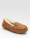 Decorative stitching and plush shearling lining enhance this moccasin-inspired suede design. Stretch suede upper Shearling lining Rubber sole Padded insole ImportedOUR FIT MODEL RECOMMENDS ordering true whole size; ½ sizes should order the next whole size down. 