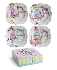 A sweet surprise, Rosanna's Happy Birthday dessert plates will be the icing on her cake. Polka-dotted porcelain with paisley confections, ruffled edges and adorable boxes make the set a truly special birthday treat. A sweet surprise, Rosanna's Happy Birthday dessert plates will be the icing on her cake. Polka-dotted porcelain with paisley confections, ruffled edges and adorable boxes make the set a truly special birthday treat.