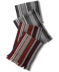 Engineered stripes that are extra-long on style: Vertically striped warp-knit scarf from Hugo Boss in virgin wool. Engineered stripes that are extra-long on style: Vertically striped warp-knit scarf from Hugo Boss in virgin wool.