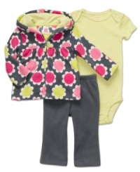 She'll have cute, comfy flower power in this playful bodysuit, fleece hoodie and pant set from Carter's. She'll have cute, comfy flower power in this playful bodysuit, fleece hoodie and pant set from Carter's.