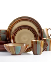 Hearty stoneware rendered in rich, earthy tones gives this durable dinnerware set from Sango a warm, inviting appeal. Hearty stoneware rendered in rich, earthy tones gives this durable dinnerware set from Sango a warm, inviting appeal.
