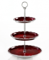 Full of surprises, this handcrafted dessert stand from Simply Designz features sleek, polished aluminum with fluted edges and lustrous burgundy enamel. Three tiers make it perfect for tea cakes, tiny sandwiches and scones.
