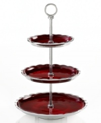 Full of surprises, this handcrafted dessert stand from Simply Designz features sleek, polished aluminum with fluted edges and lustrous burgundy enamel. Three tiers make it perfect for tea cakes, tiny sandwiches and scones. Full of surprises, this handcrafted dessert stand from Simply Designz features sleek, polished aluminum with fluted edges and lustrous burgundy enamel. Three tiers make it perfect for tea cakes, tiny sandwiches and scones.