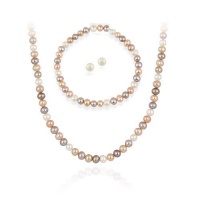 Sterling Silver 5.5-6mm Genuine Freshwater Cultured Multi-Color Pearl Necklace Bracelet & Stud Earring Set