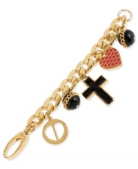 Cross your heart and hope to try this multi-charm bracelet from Betsey Johnson. It's crafted from gold-tone mixed metal with metal beads prominently placed and dressed with gold-tone details. Approximate length: 7-1/2 inches. Cross your heart and hope to try this multi-charm bracelet from Betsey Johnson. It's crafted from gold-tone mixed metal with metal beads prominently placed and dressed with gold-tone details. Approximate length: 7-1/2 inches.