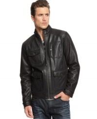 Get that classic bad boy look in this handsome faux leather bomber jacket by INC International Concepts. Get that classic bad boy look in this handsome faux leather bomber jacket by INC International Concepts.