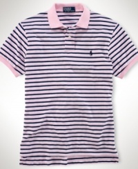 Rendered in light-as-air cotton piqué, a short-sleeved polo shirt is tailored for a comfortable, classic fit with thin multi-stripes for a sporty appeal. Rendered in light-as-air cotton piqué, a short-sleeved polo shirt is tailored for a comfortable, classic fit with thin multi-stripes for a sporty appeal.