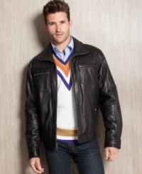 From riding on the open road to a night on the town, this sleek, wind-resistant leather jacket from Michael Kors gives you the perfect edge. From riding on the open road to a night on the town, this sleek, wind-resistant leather jacket from Michael Kors gives you the perfect edge.