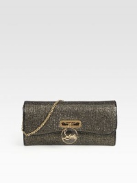 The perfect style to carry all your essentials, this sparkling design features a logo charm, a chain strap and signature red lining.Detachable shoulder chain strap, 8 dropMagnetic snap flap closureOne inside zip pocketOne inside open pocketSignature red lining10¼W X 5¼H X 2DMade in Italy The perfect style to carry all your essentials, this sparkling design features a logo charm, a chain strap and signature red lining.Detachable shoulder chain strap, 8 dropMagnetic snap flap closureOne inside zip pocketOne inside open pocketSignature red lining10¼W X 5¼H X 2DMade in Italy