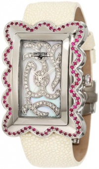 Swisstek SK47912L Limited Edition Swiss Diamond Watch With Red Rubies, Mother-Of-Pearl Dial, Genuine Stingray Galuchat Strap And Sapphire Crystal Swisstek SK47912L Limited Edition Swiss Diamond Watch With Red Rubies, Mother-Of-Pearl Dial, Genuine Stingray Galuchat Strap And Sapphire Crystal
