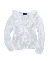 An ultra-soft cotton cardigan is knit in a delicate pointelle design with pretty, long puffed sleeves and ruffled trim An ultra-soft cotton cardigan is knit in a delicate pointelle design with pretty, long puffed sleeves and ruffled trim